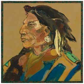 Ira Yeager (1938-2022), Portrait of a Native American man with a black bird