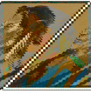 Ira Yeager (1938-2022), Portrait of a Native American man with a black bird: Ira Yeager(1938-2022)Portrait of a Native American man with a black birdOil on canvasSigned lower right: Ira Yeager48" H x 48" W