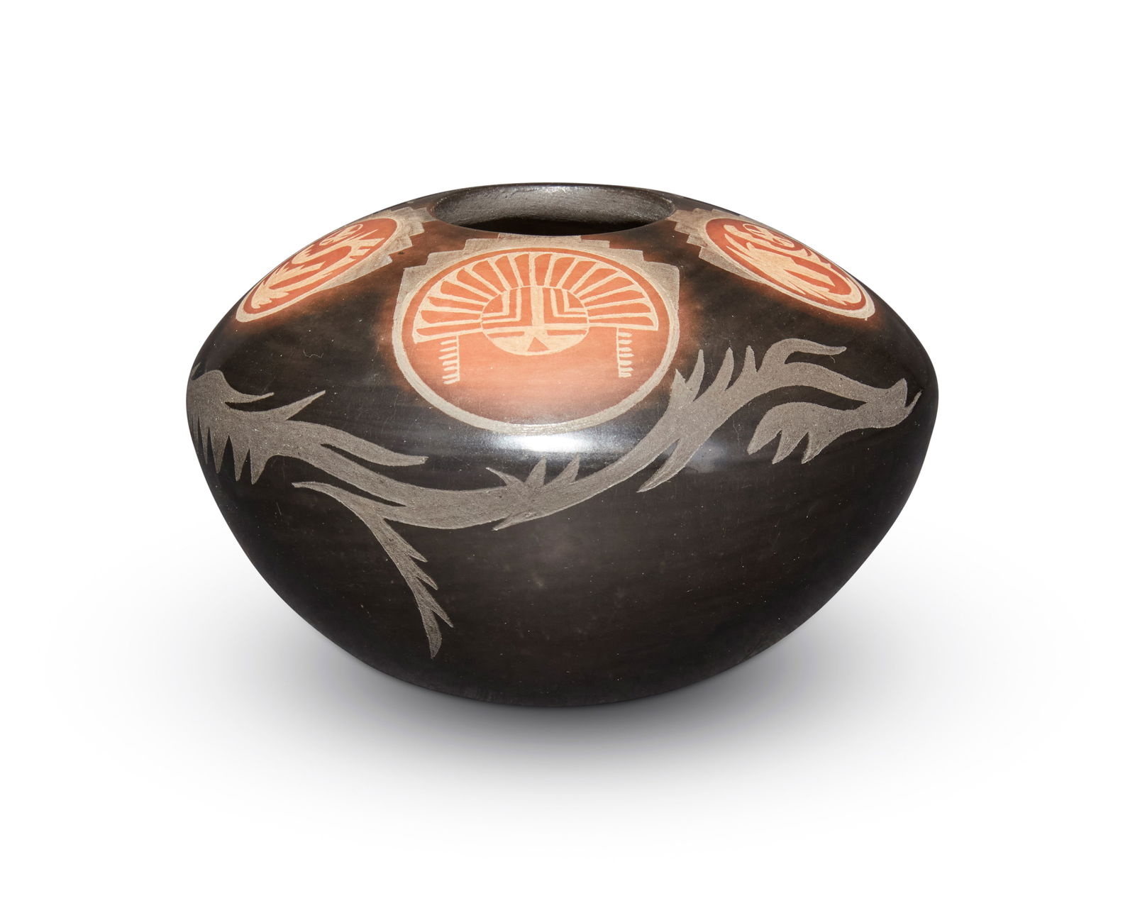 Grace Medicine Flower (b. 1938, Santa Clara Pueblo) & Camilio "Sunflower" Tafoya (1902-1995, Santa: Grace Medicine Flower (b. 1938, Santa Clara Pueblo) & Camilio "Sunflower" Tafoya (1902-1995, Santa Clara Pueblo)A polychrome sgraffito blackware and redware jar, late 20th centuryWith etched signature