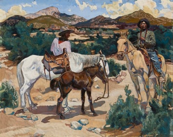 20th Century Taos School, Taos Indians on horseback with foal, in the style of Walter Ufer