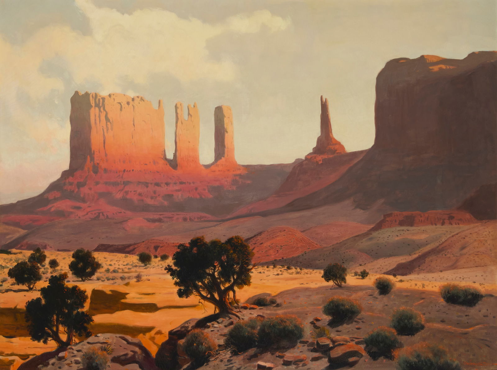 James Swinnerton (1875-1974), "Monument Valley": James Swinnerton(1875-1974)"Monument Valley"Oil on canvasSigned lower right: Swinnerton; titled on a gallery label affixed to the stretcher30" H x 40" W Provenance:Biltmore Galleries, Ranc