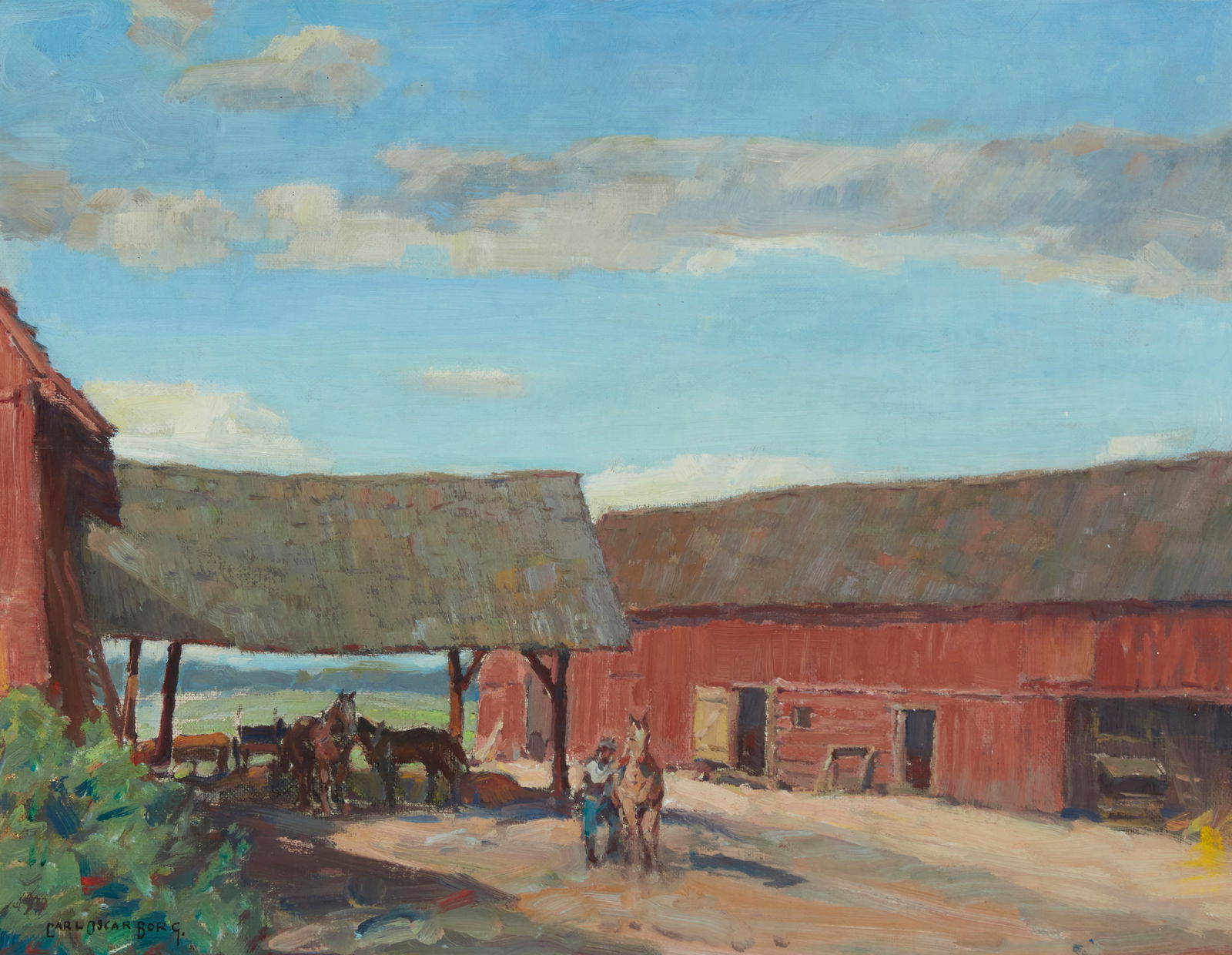 Carl Oscar Borg (1879-1947), "Saddling Up": Carl Oscar Borg(1879-1947)"Saddling Up"Oil on canvasSigned lower left: Carl Oscar Borg; titled on a label affixed to the backing board16" H x 20" W Provenance:Sold: Butterfield & Butterfie