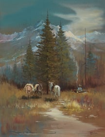 Robert B. Wagoner (1928-2017), Cowboy and horses at rest in a Western landscape, 1977
