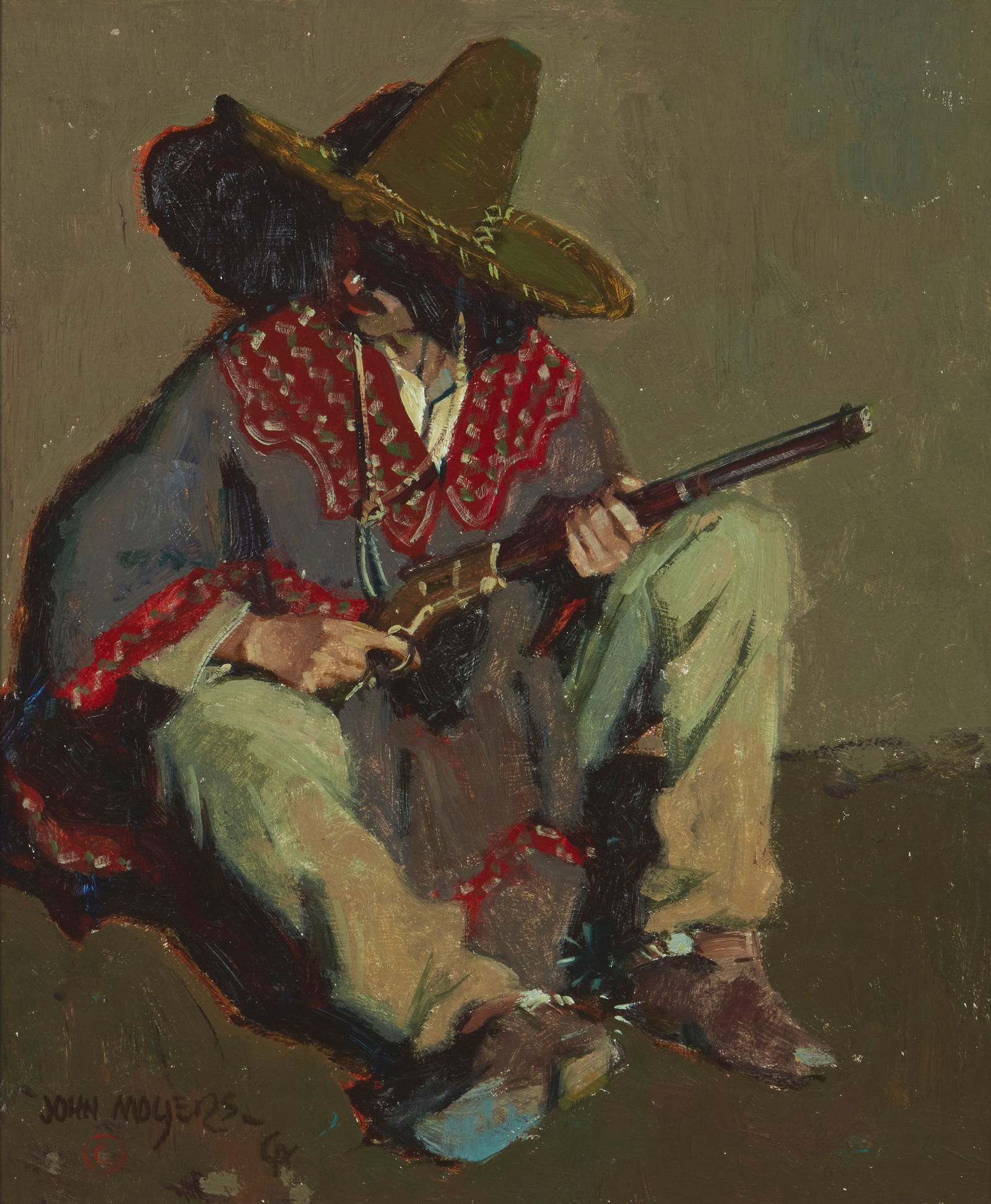 John Moyers (b. 1958), "Night Watch": John Moyers(b. 1958)"Night Watch"Oil on MasoniteSigned lower left: John Moyers / © CA; signed again and titled in ink on a Cowboy Artists of America label affixed verso12.25" H x 10.25" W Proven
