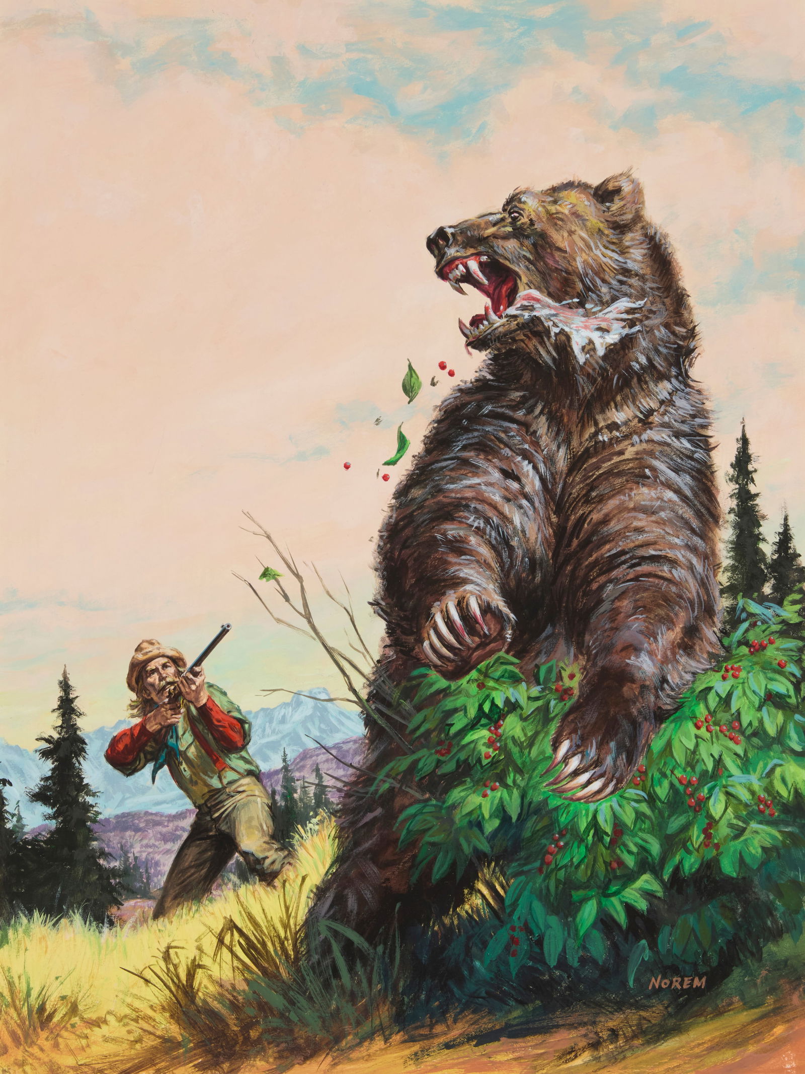 Earl Norem (1923-2015), Hunter and bear: Earl Norem(1923-2015)Hunter and bearGouache on boardSigned lower right: NoremSight: 20.75" H x 16" W
