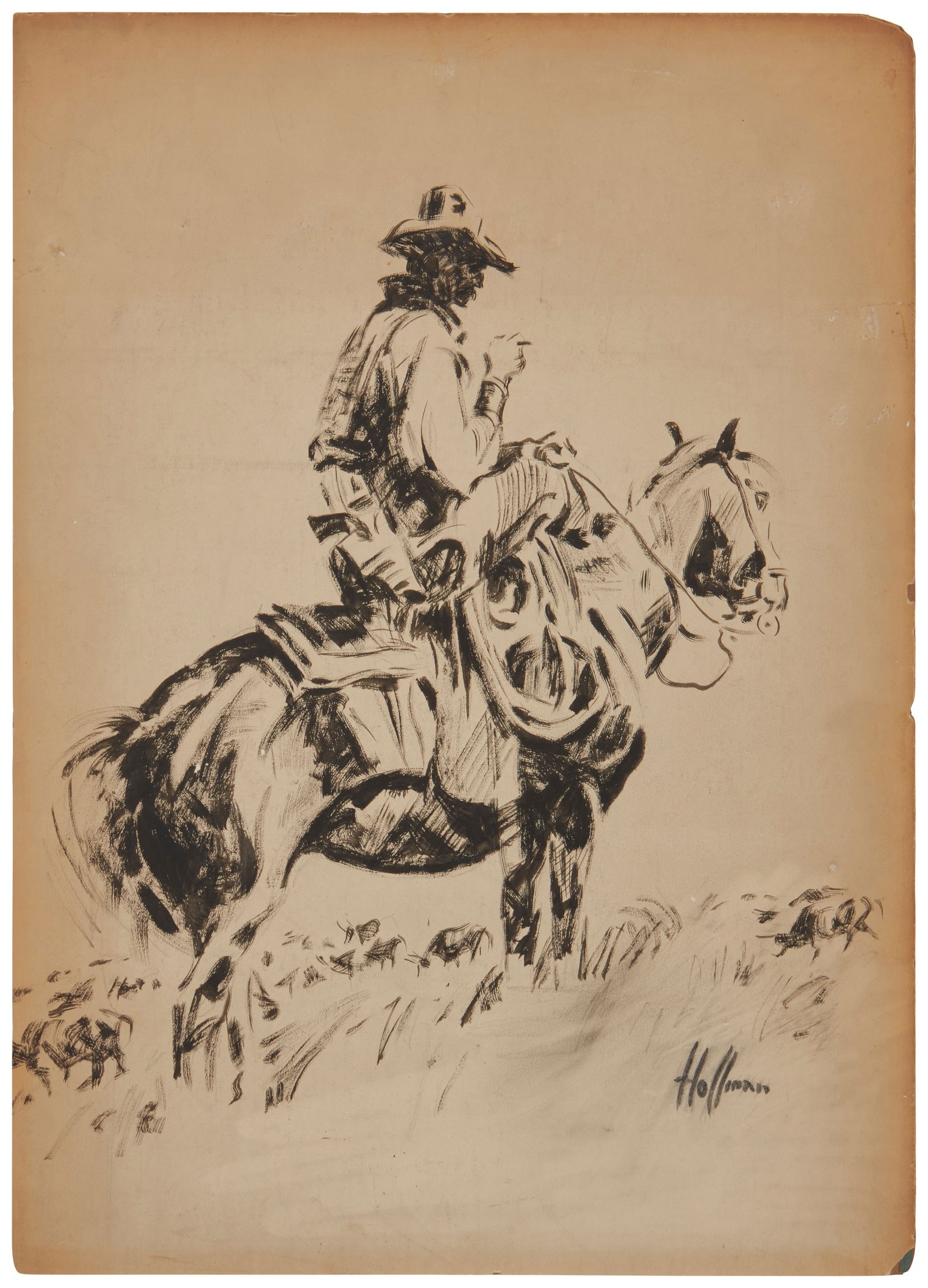 Frank Hoffman (1888-1958), "The Long Ride Home": Frank Hoffman(1888-1958)"The Long Ride Home"Ink wash on paper laid to paperboardSigned lower right: Hoffman; titled by repute20" H x 14.25" W Provenance:Sold: Scottsdale Art Auction, Scott