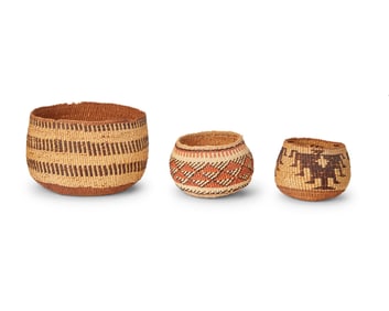 Three polychrome Northern California/Oregon twined baskets