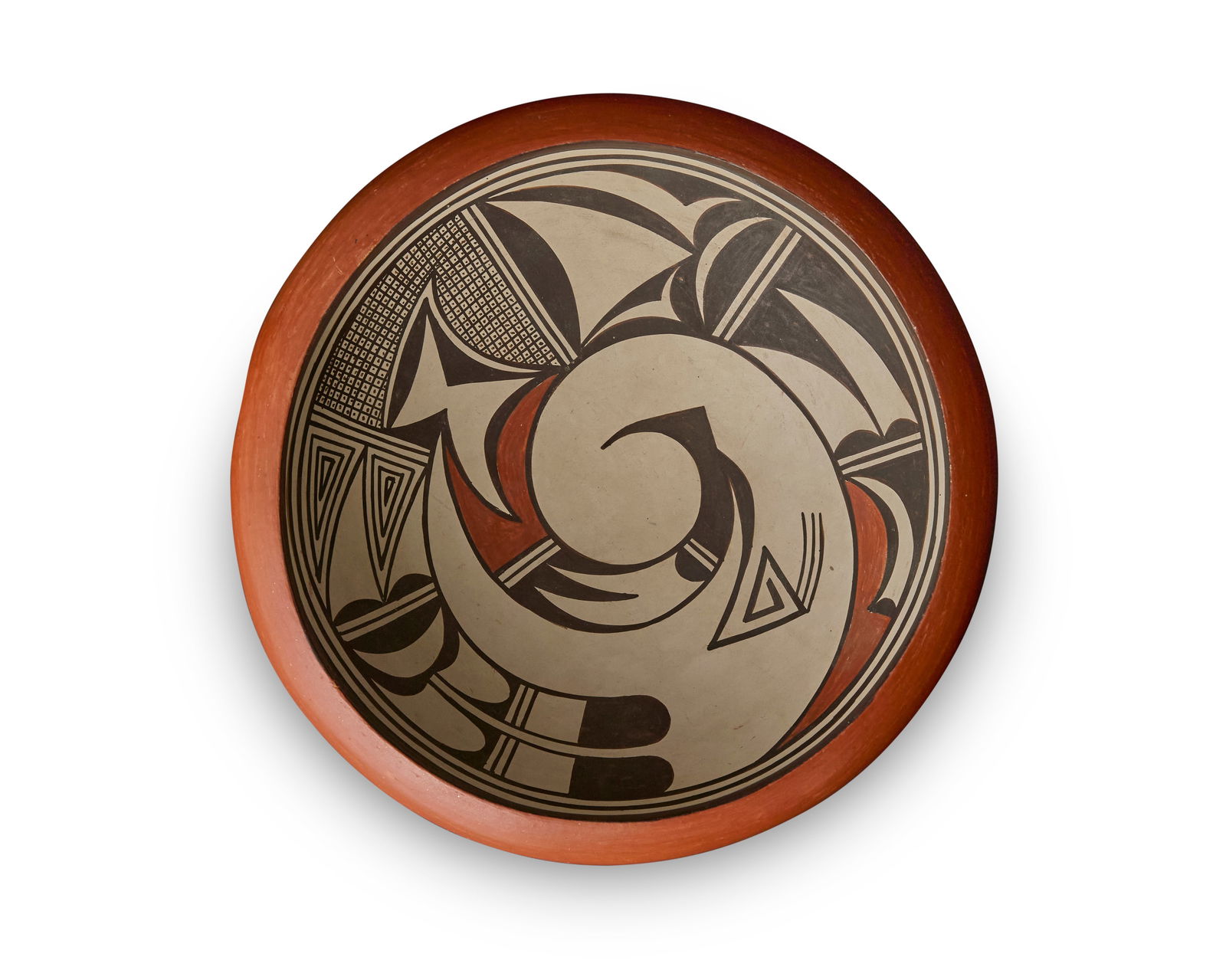 Marcia "Ant Woman" Fritz Rickey (1918-1991, Hopi-Tewa): Marcia "Ant Woman" Fritz Rickey (1918-1991, Hopi-Tewa)A polychrome pottery low bowl, early 21st centuryMarked to underside with flying ant cipherThe three-color bowl with red and brown banded geometri