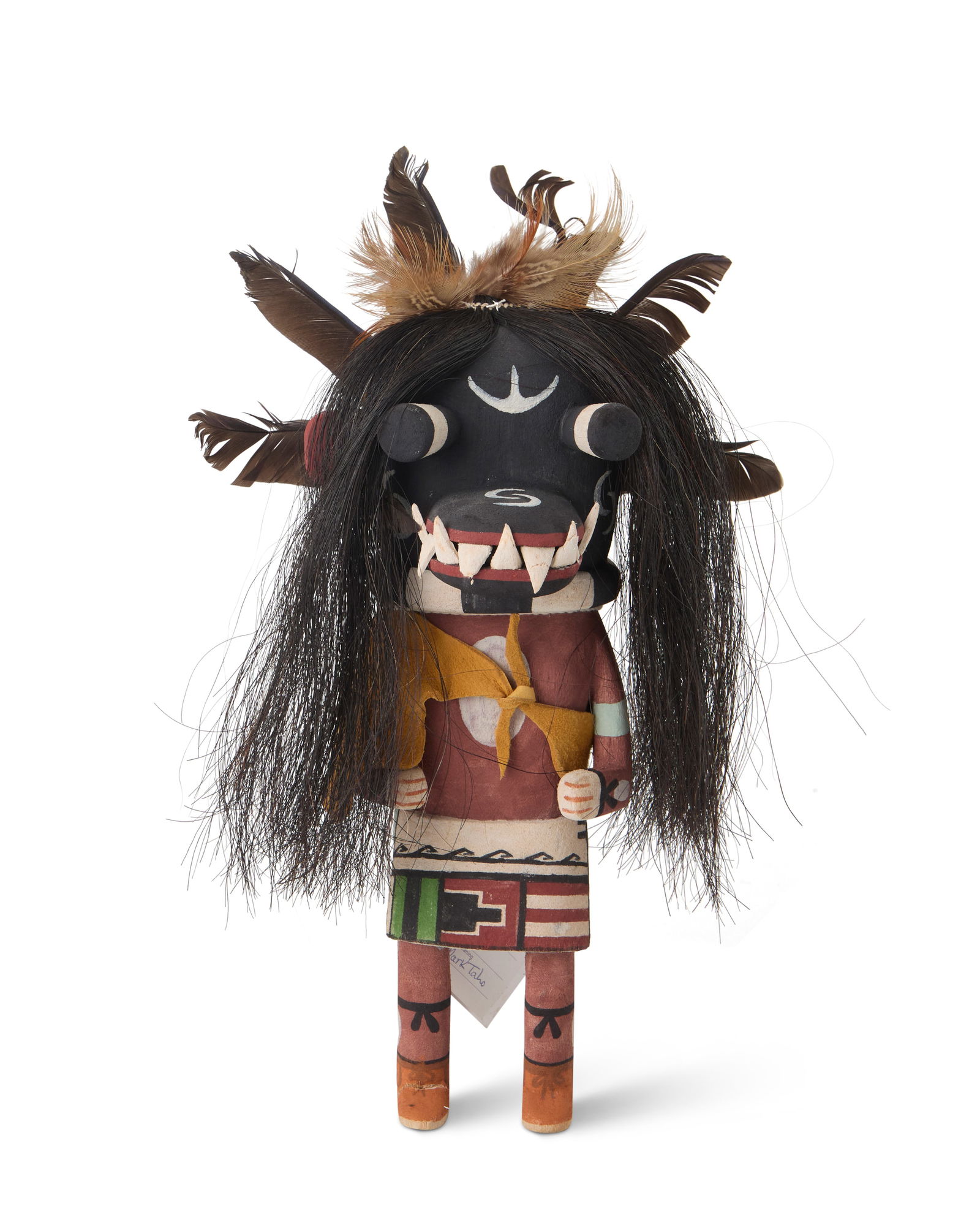 Mark Taho (b. 1972, Hopi-Third Mesa/Dine): Mark Taho(b. 1972, Hopi-Third Mesa/Dine)A Hopi Pueblo Tasaveyo Ogre katsinaPolychrome painted cottonwood, feathers, horsehair, leatherWith large black mask, featuring a snout with teeth, long hair, su