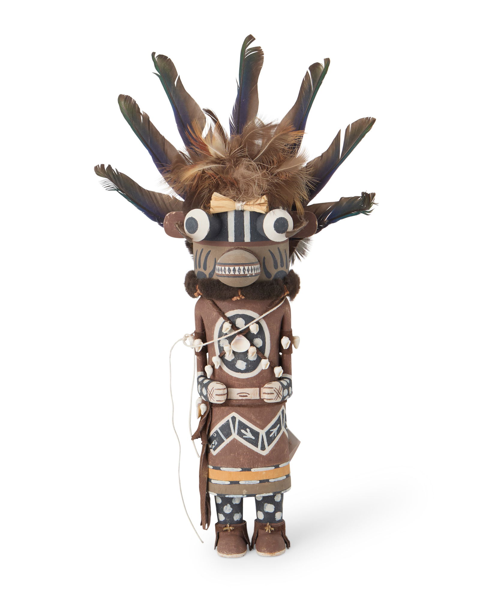 Tayron Polequaptewa (b. 1969, Hopi Sun Clan): Tayron Polequaptewa(b. 1969, Hopi Sun Clan)A Hopi Pueblo Honiwa Brown Bear katsinaPolychrome painted cottonwood, feathers, shearling, suede, shells, corn huskWith miniature shell and leather cord laci