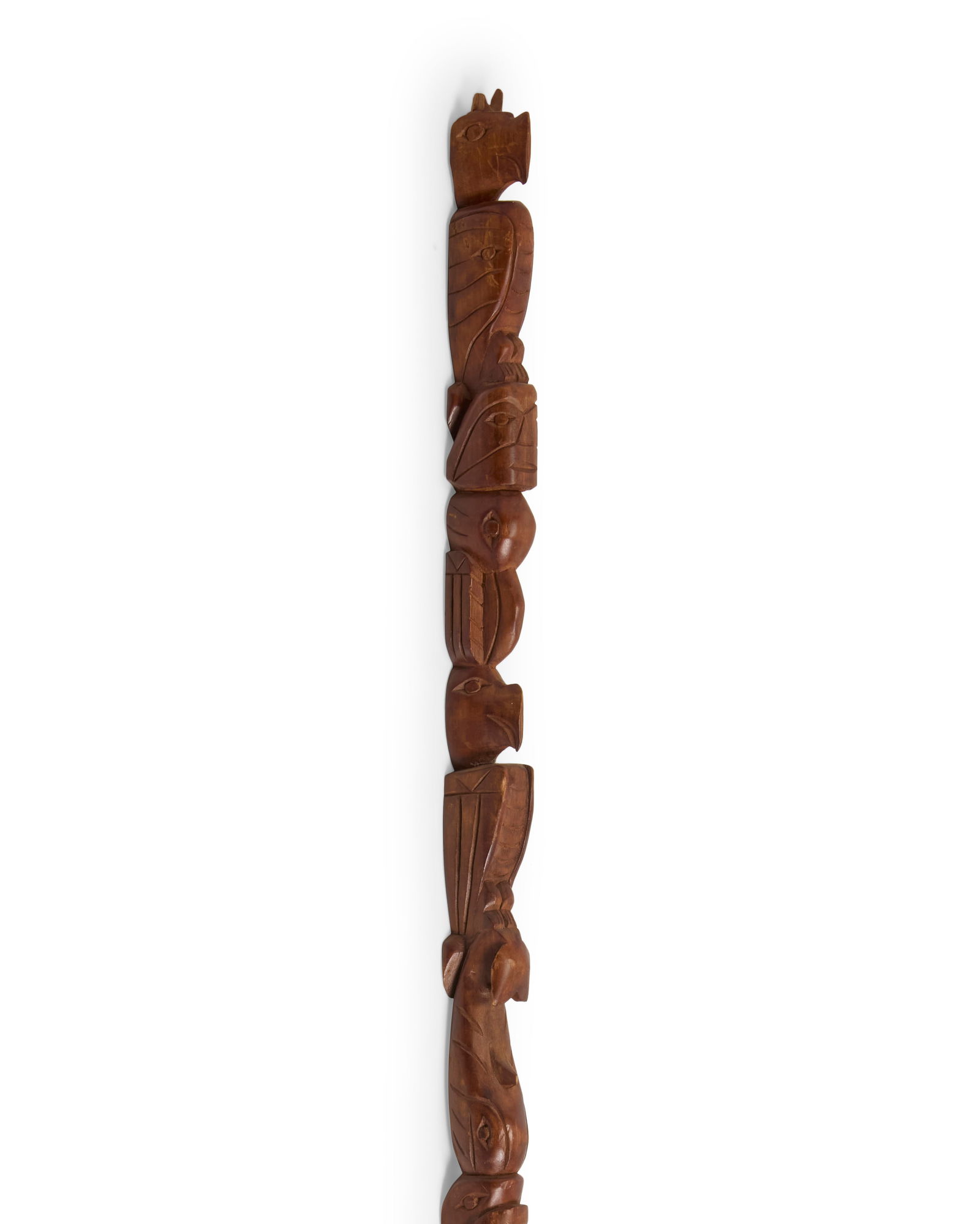 William Dennis, Sr. (b. 1923, Nuu-chah-nulth /Nootka, Ohiaht Band): William Dennis, Sr.(b. 1923, Nuu-chah-nulth /Nootka, Ohiaht Band)"Talking Stick," mid/late 20th centuryCarved wood, likely cedarA carved narrow "speaker's staff," with multiple animal and figural tote