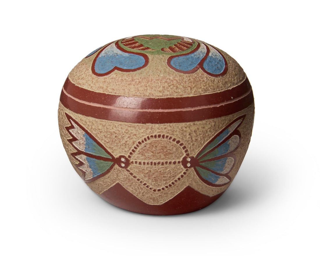 Joseph Lonewolf (1932-2014, Santa Clara Pueblo): Joseph Lonewolf (1932-2014, Santa Clara Pueblo)A diminutive polychrome seed jar, late 20th/21st centurySigned to underside: Joseph Lonewolf / Z13 OR CMThe miniature pictorial jar with sgraffito motifs