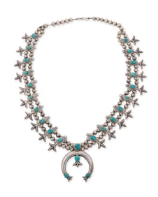 A Southwest sterling silver and turquoise squash blossom necklace
