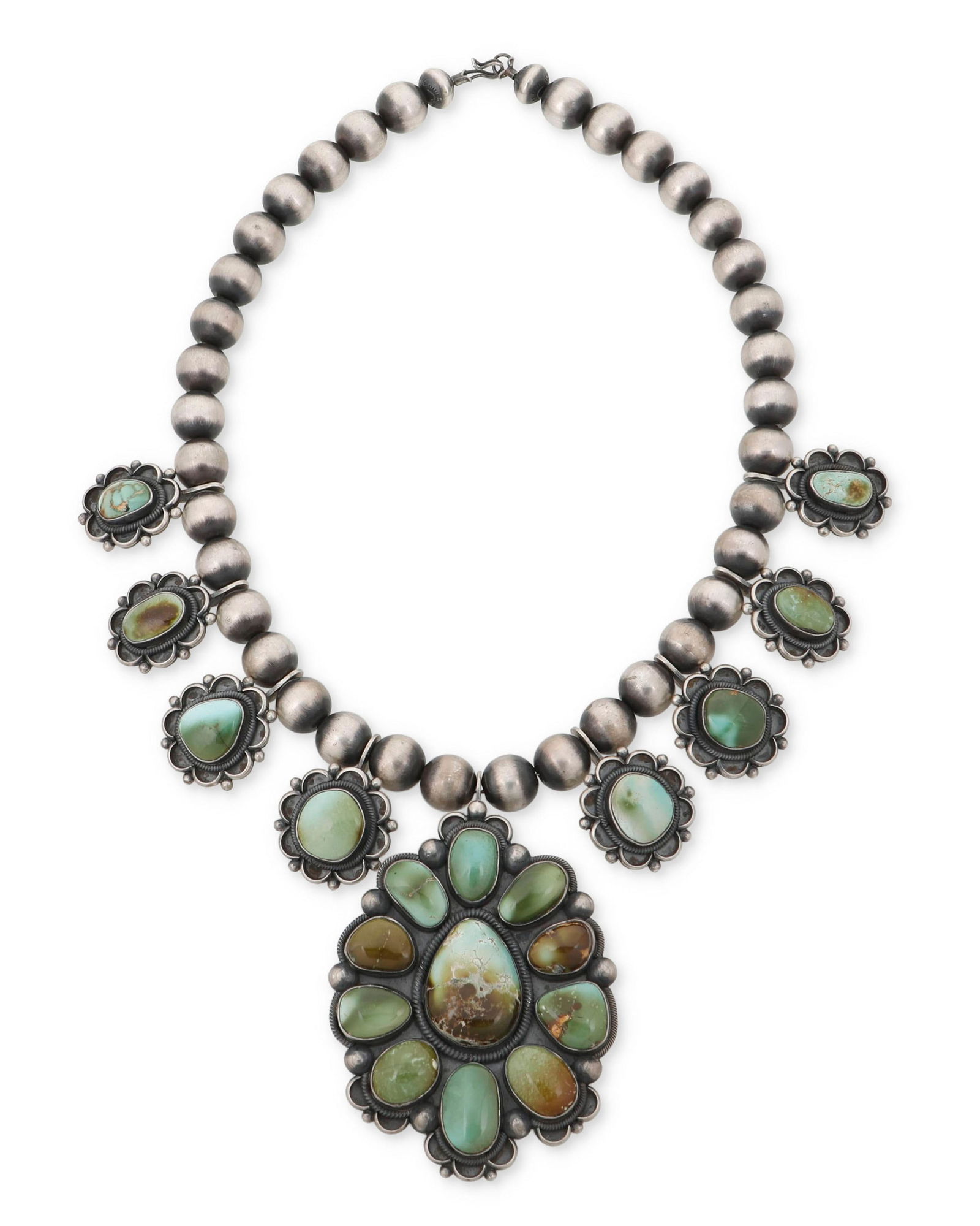 An Ernest Roy Begay Navajo silver and turquoise squash blossom necklace (1 of 2)