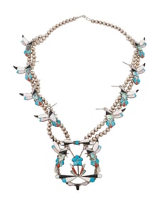 A Southwest silver and inlay hummingbird "squash blossom" necklace