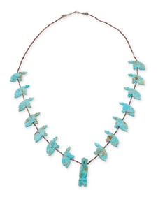 A Southwest carved turquoise bear fetish necklace