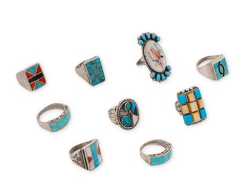 A group of Southwest silver and set stone rings
