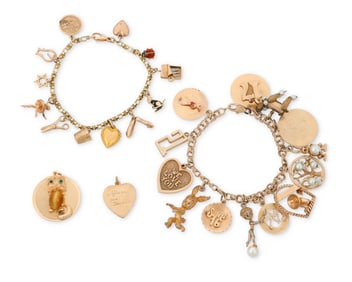 Two Gold and Gem-Set Charm Bracelets