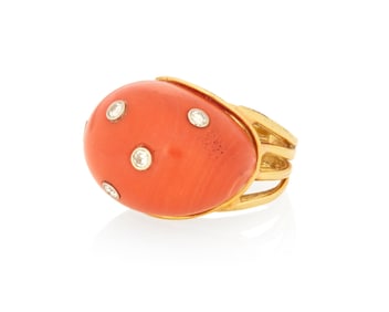 A 14K Gold, Coral and Diamond Ring