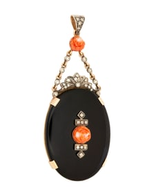 A Gold, Silver, Onyx and Coral Pendant