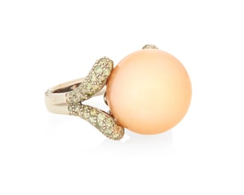 An 18K White Gold, Cultured Pearl and Colored Diamond Ring