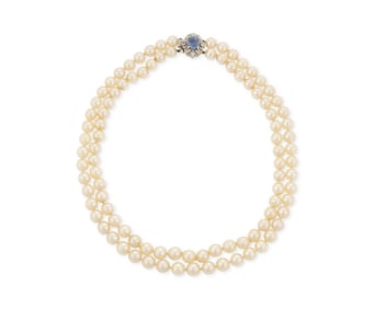 A 14K White Gold, Cultured Pearl and Sapphire Necklace