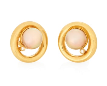 A Pair of 18k Gold, Cultured Pearl and Diamond Earrings