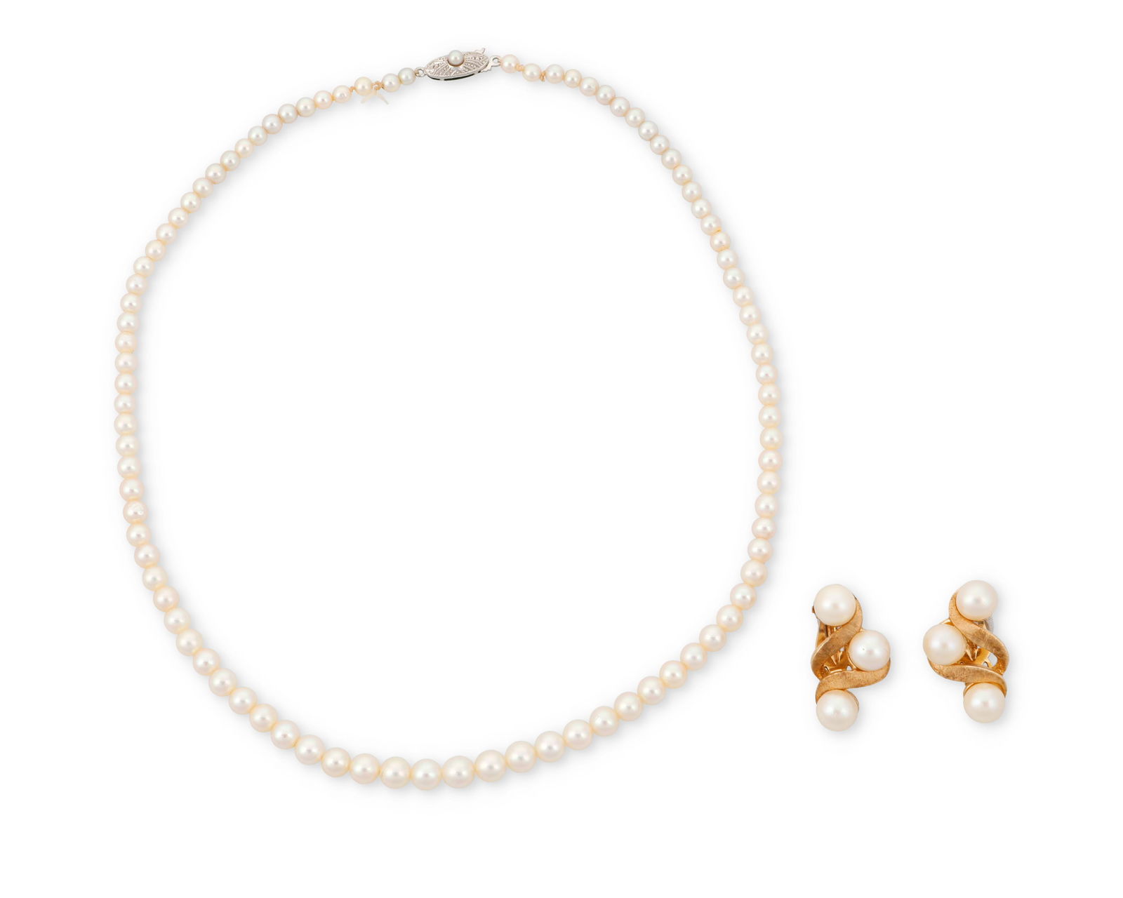 A Group of Gold and Cultured Pearl Jewelry: A Group of Gold and Cultured Pearl JewelryIncluding a pair of 14k gold and cultured pearl scrolling earrings, together with a graduated single strand of cultured pearl, pearls measuring approximately