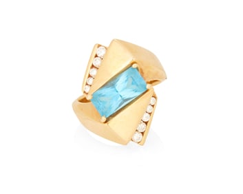 A 14K Gold, Blue Topaz and Diamond Ring