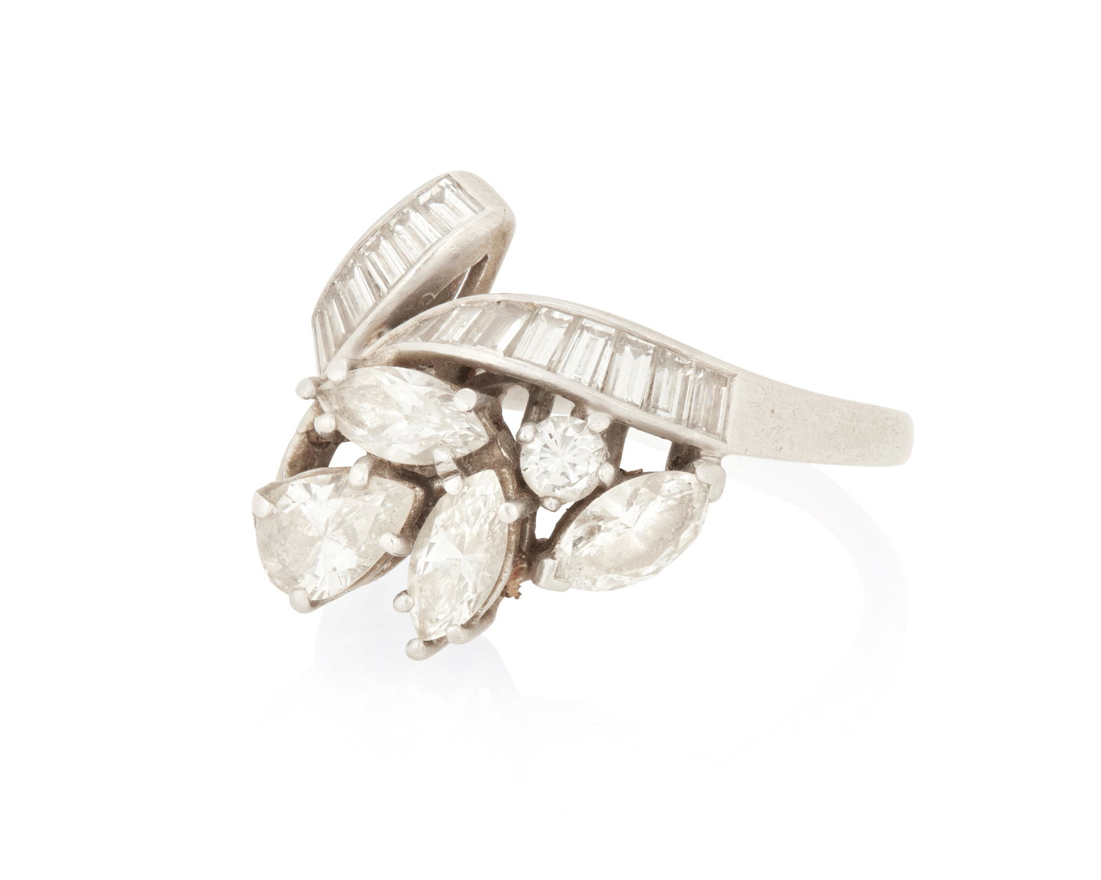 A Platinum and Diamond Ring: A Platinum and Diamond RingFeaturing pear-shaped, marquise, round and tapered baguette diamonds weighing approximately 2.50 caratsSize: 6 1/28.7 grams grossProvenance:From the Estate of Dorothy A