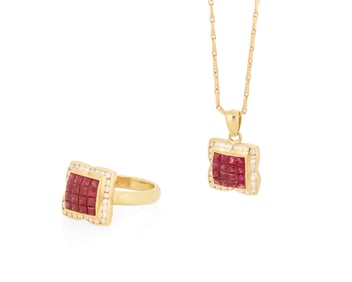 An 18K Gold, Ruby and Diamond Necklace and Ring Set