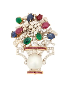 An 18K Bi-Color Gold, Gem-Set and Diamond Brooch
