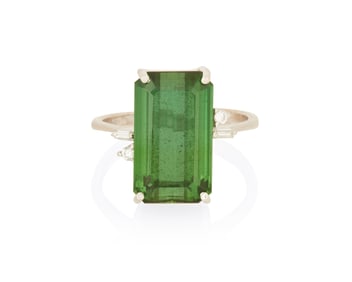 An 18K White Gold, Green Tourmaline and Diamond Ring