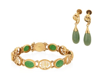 A 14K Gold and Jade Bracelet and Pair of Earrings