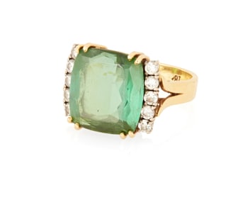 A 18K Gold, Green Tourmaline and Diamond Ring