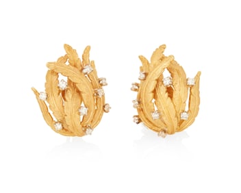 A Pair of 18K Gold, Platinum and Diamond Earrings