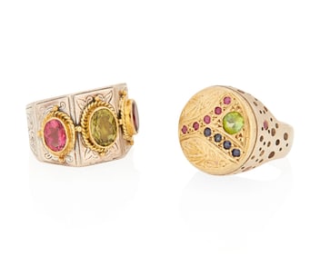 Two 18K Gold, Silver and Gem-Set Rings