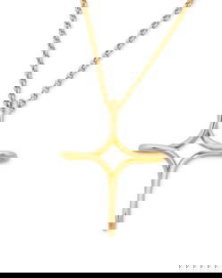 Tiffany & Co. and John Hardy: An 18K Gold Cross Pendant Necklace: Tiffany & Co. and John Hardy: An 18K Gold Cross Pendant NecklaceFeaturing a Elsa Peretti for Tiffany and Co. cross suspended from a John Hardy chainLength: 18 in., Pendant: 1 1/2 x 1 in.12.44 grams gr
