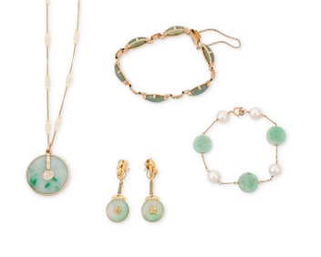 A Group of 14K Gold and Jade Jewelry