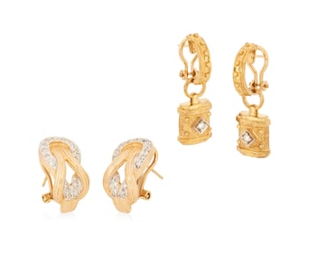 Two Pairs of 14K Gold and Diamond Earrings