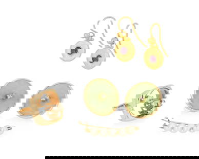 A Group of Gold and Gem-Set Jewelry: A Group of Gold and Gem-Set JewelryIncluding a 14k gold and cultured pearl pin, a pair of 14k gold and jade disc earrings, a 14k gold and diamond ring and a pair of 22k gold and ruby earrings6 piecesR