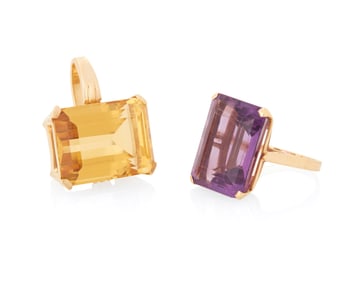 A 14K Gold and Citrine Pendant and Amethyst Ring