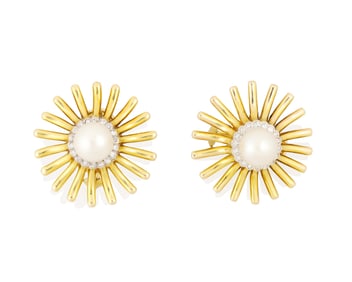 A Pair of 14K Gold, Cultured Pearl, and Diamond Earclips