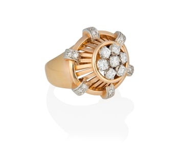 A Retro 18K Rose Gold, Platinum, and Diamond Ring