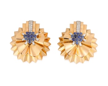 A Pair of Retro Rose Gold, Diamond and Sapphire Clips
