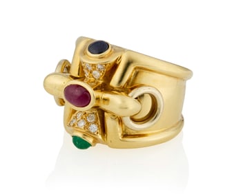 An 18K Gold, Ruby, Sapphire and Emerald Ring