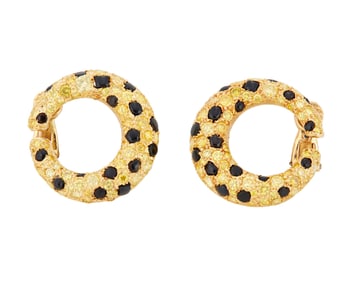 A Pair of 18K Gold, Colored Diamond and Onyx Earclips