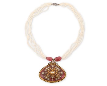 A Mughal Style Pink Tourmaline and Seed Pearl Necklace
