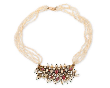 A Mughal Style Gold, Diamond, Ruby and Pearl Necklace