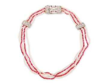 A Palladium, Ruby, Seed Pearl and Diamond Necklace
